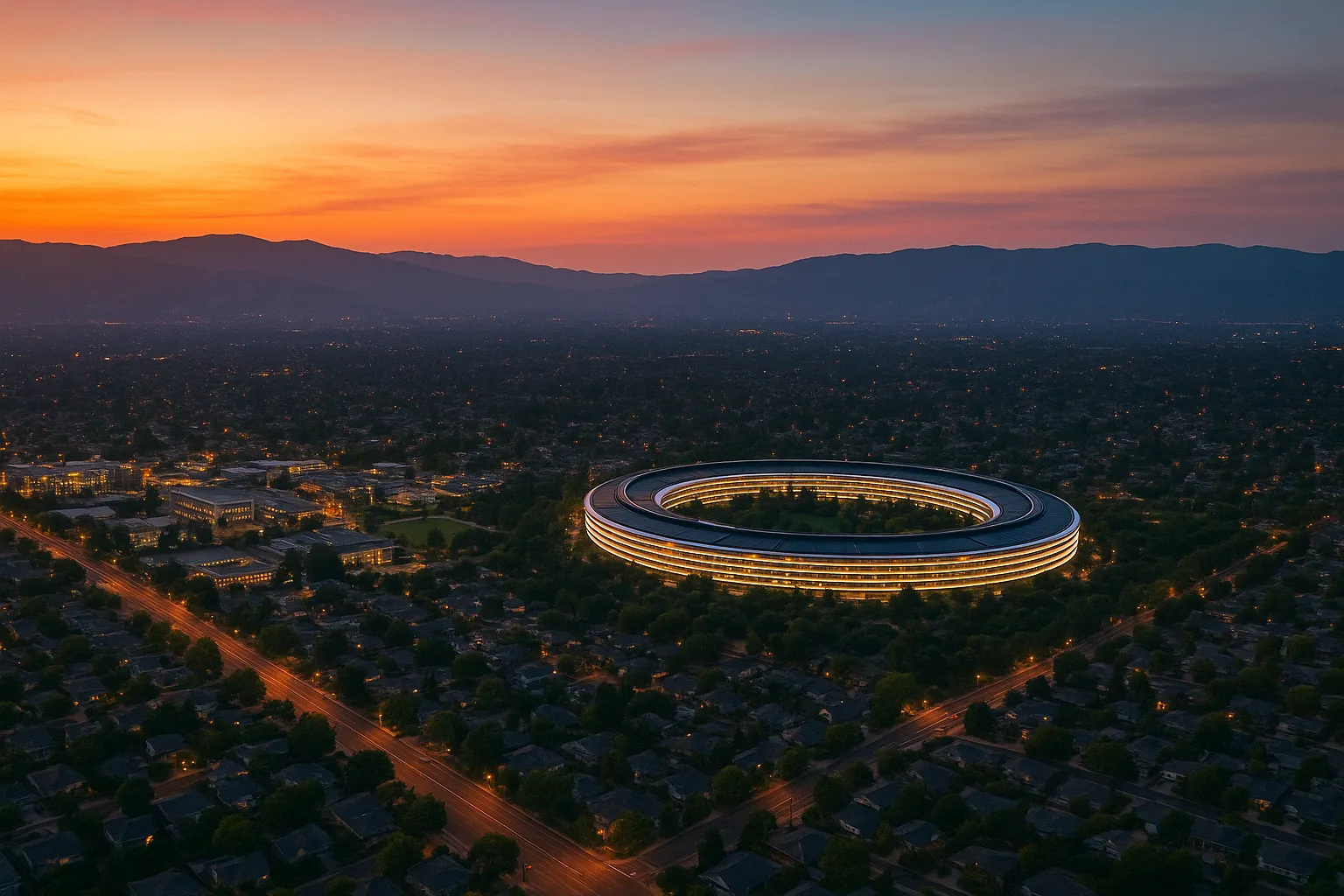 Aerial twilight photograph of Cupertino highlighting the circular Apple Park campus ringed by illuminated corridors, surrounding residential streets with glowing lights, and the Santa Cruz Mountains silhouetted against a warm-to-cool dusk sky.